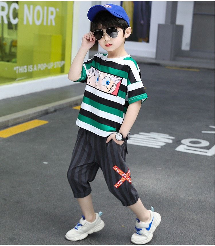 Set áo sọc xanh quần ngố bé trai