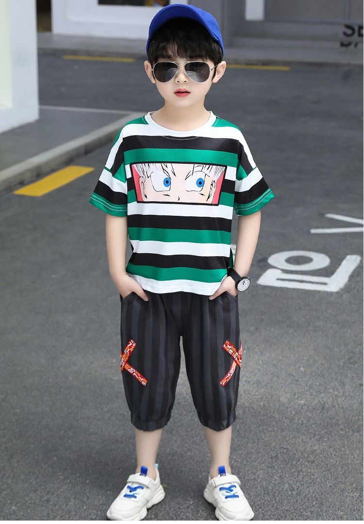 Set áo sọc xanh quần ngố bé trai