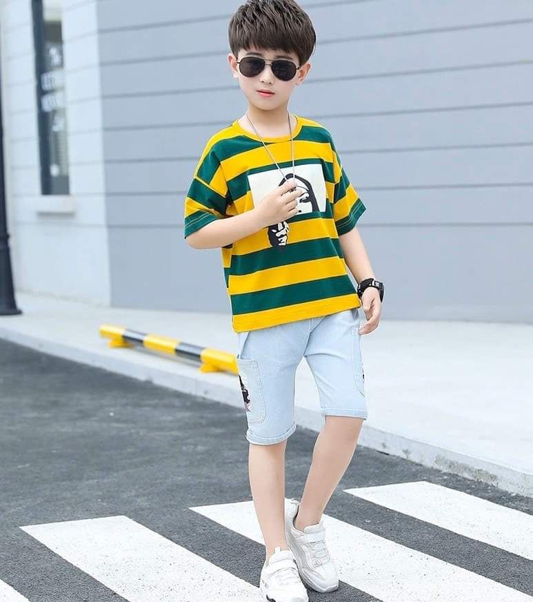 Set jean sọc xanh vàng bé trai