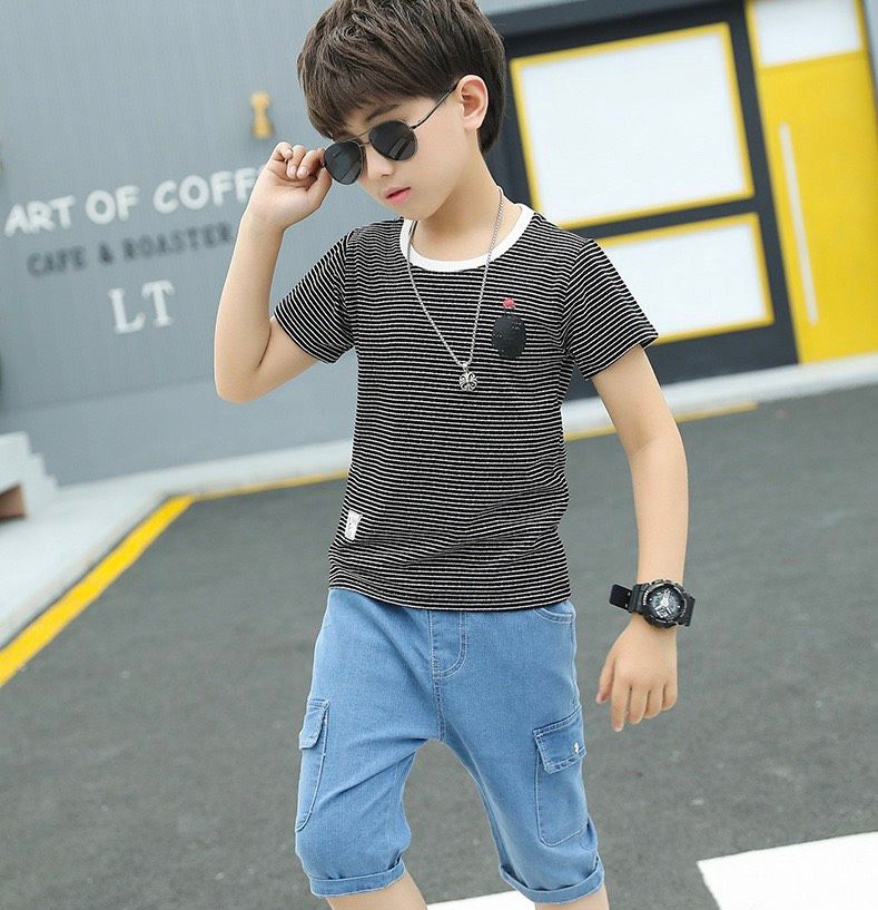 Set jean áo sọc đen trắng bé trai
