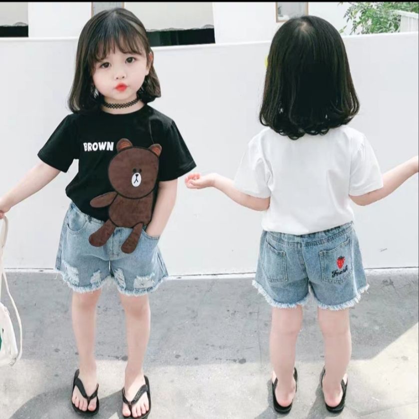Set short jean gấu bé gái