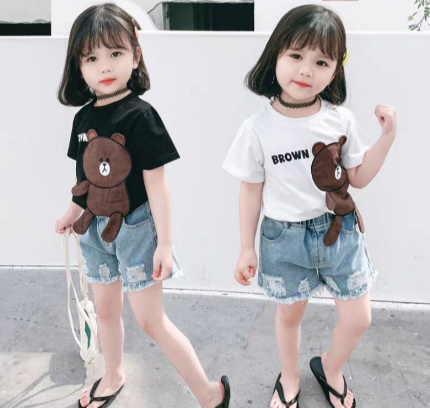 Set short jean gấu bé gái
