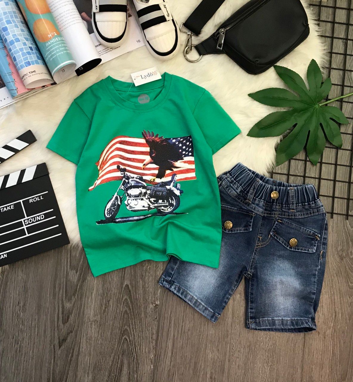 Set jean lửng cờ Mỹ bé trai