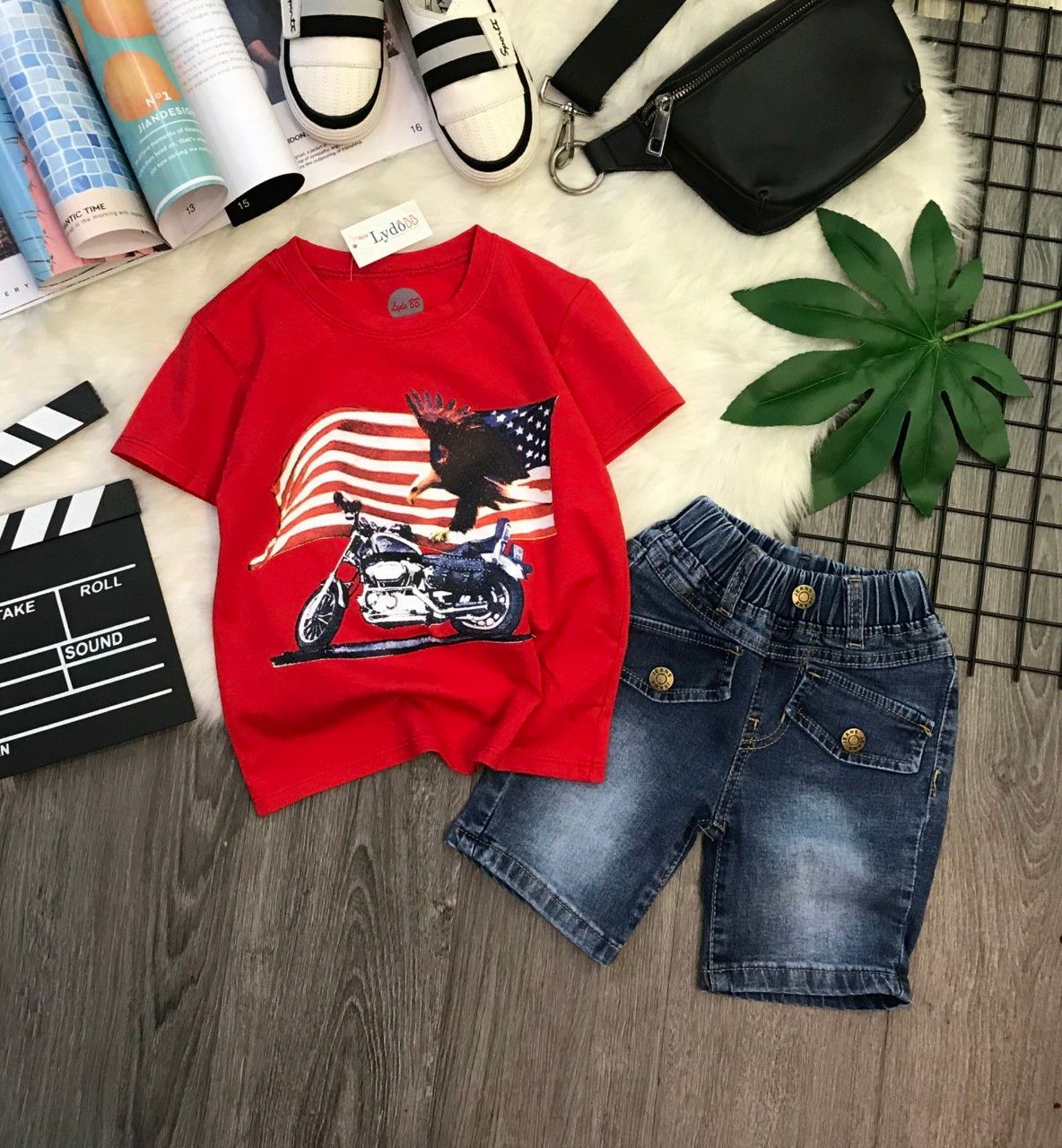 Set jean lửng cờ Mỹ bé trai