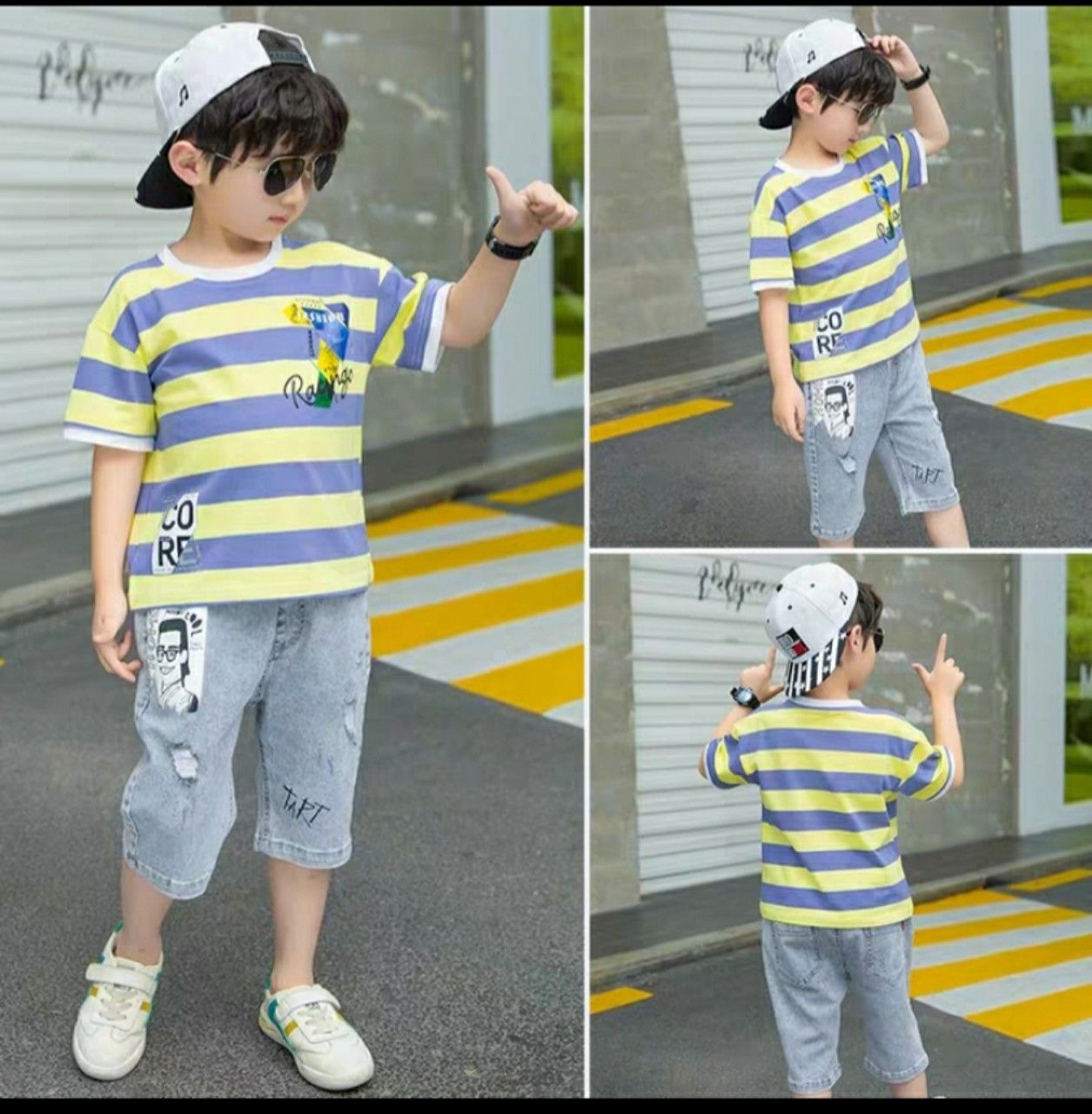Set jean lửng sọc vàng bé trai
