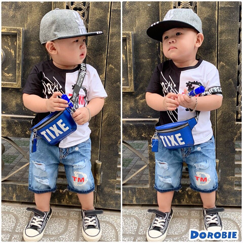 Set jean lửng bé trai đội nón