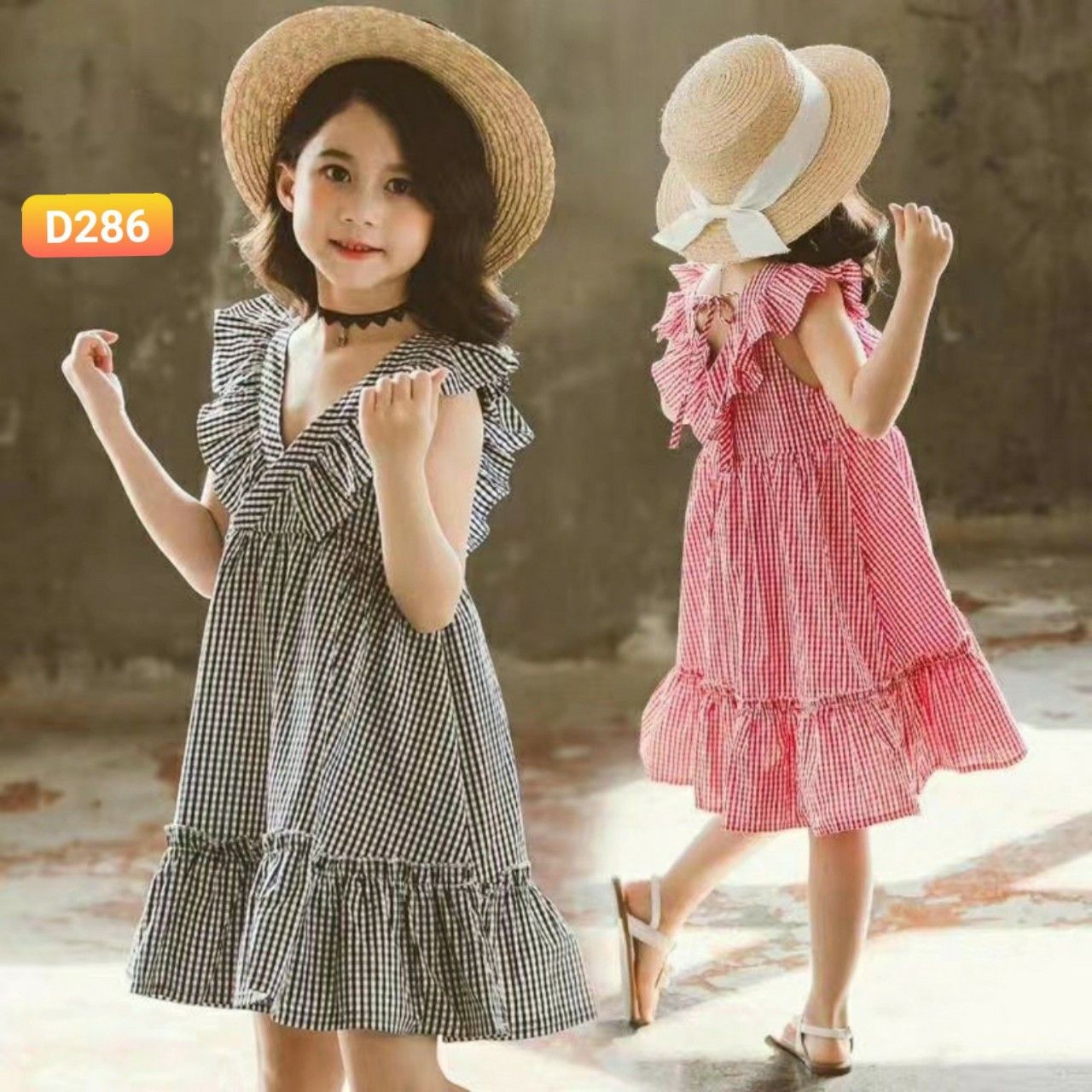 Đầm sọc caro viền bèo bé gái