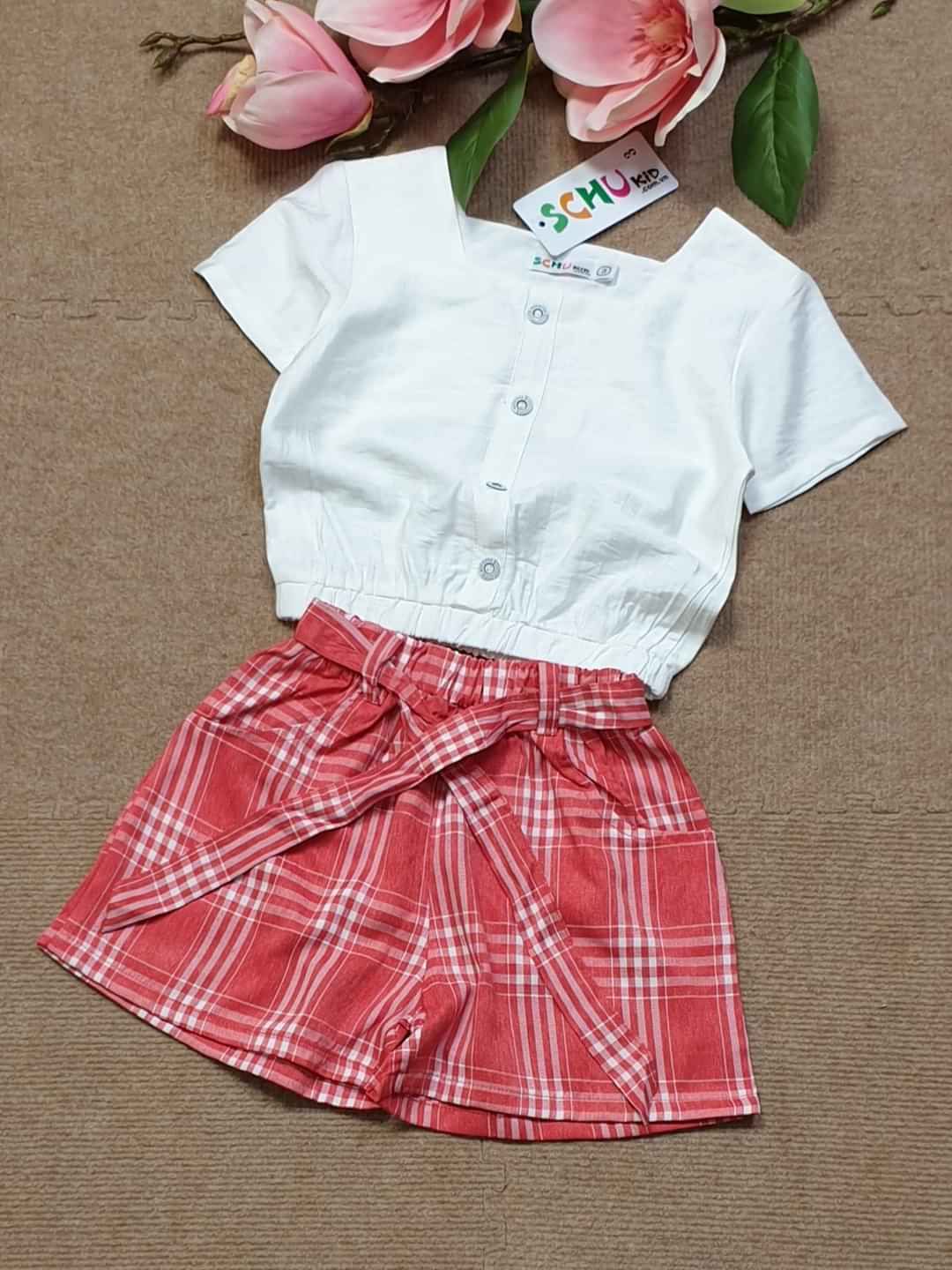 Set sơ mi quần váy caro bé gái