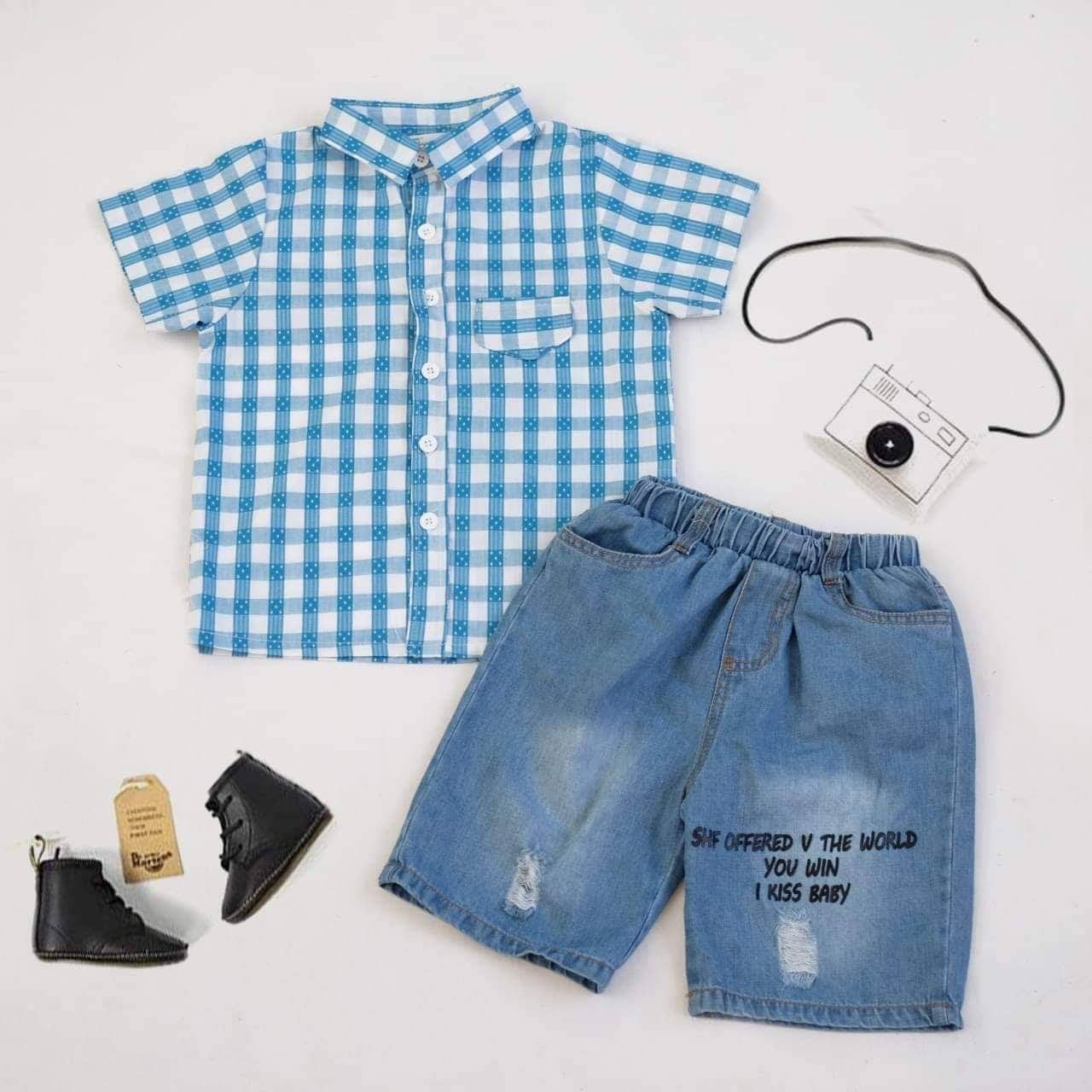 Set jean short áo somi bé trai