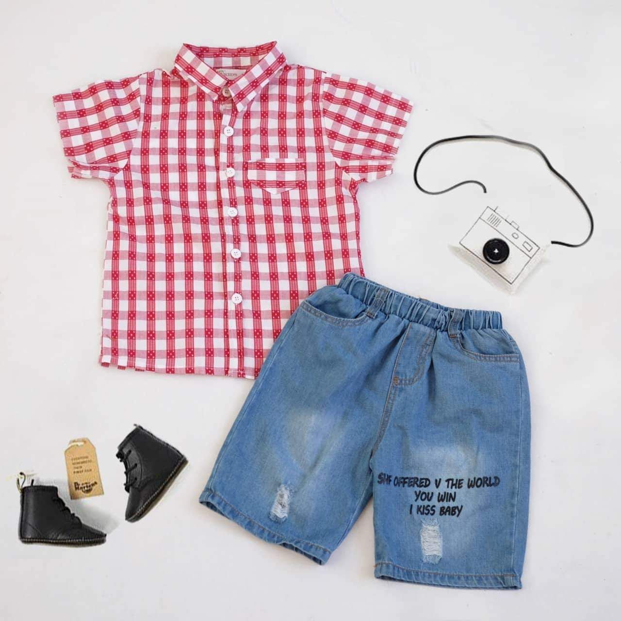 Set jean short áo somi bé trai