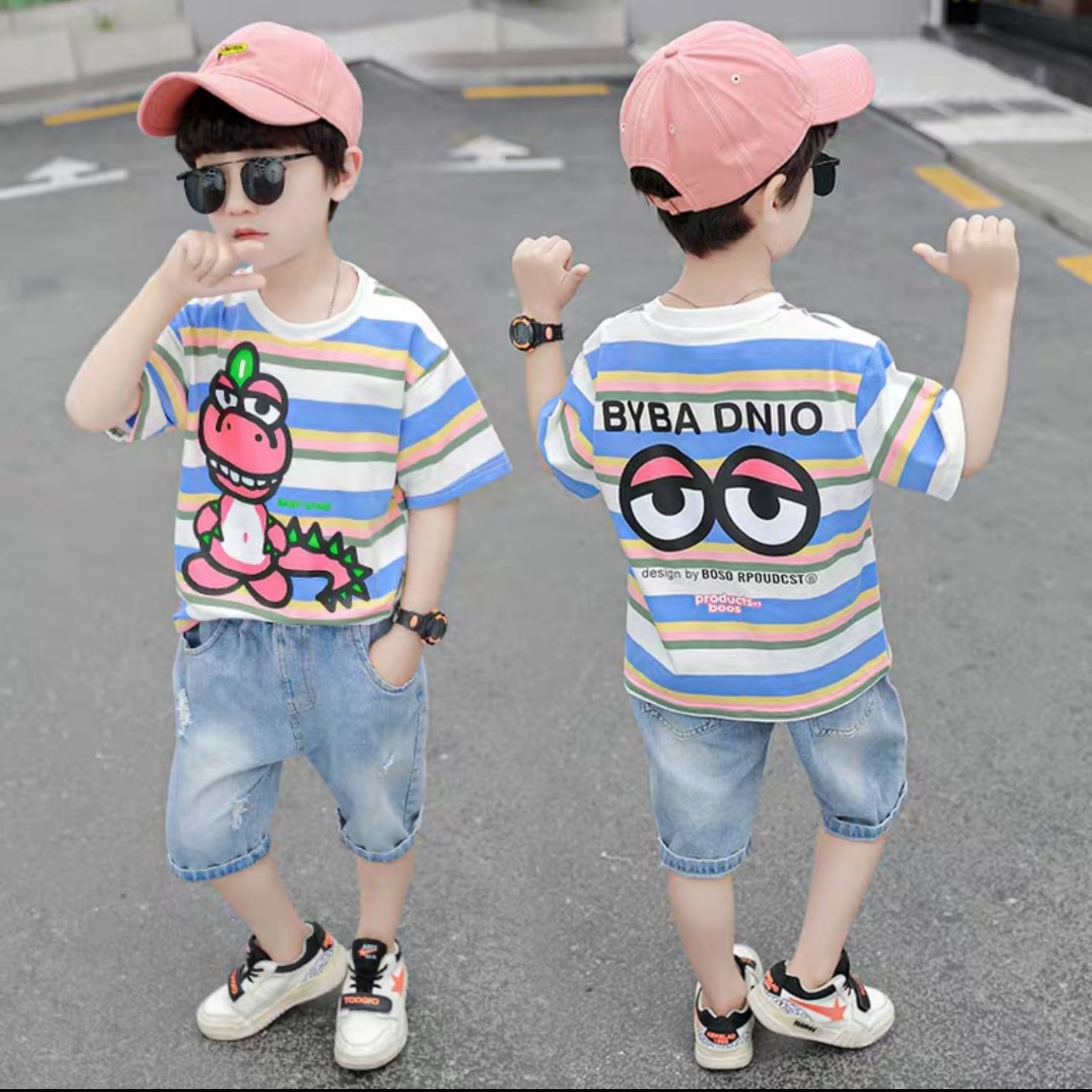 Set jean sọc khủng long bé trai