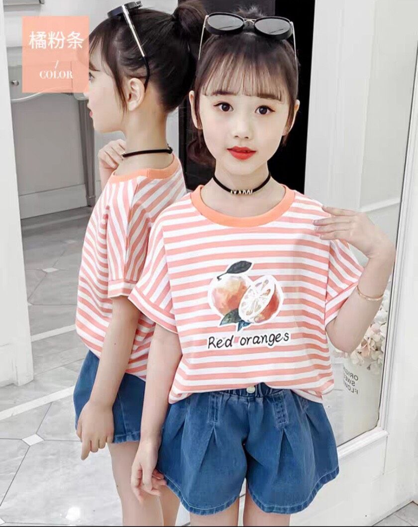 Set jean short giả váy áo sọc bé gái