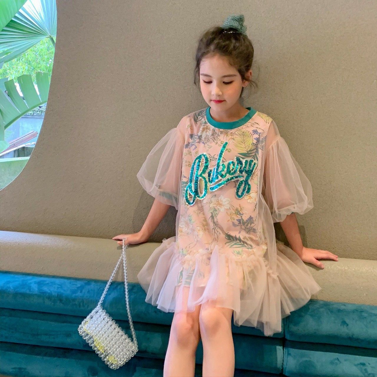Đầm Bukery phối lưới bé gái