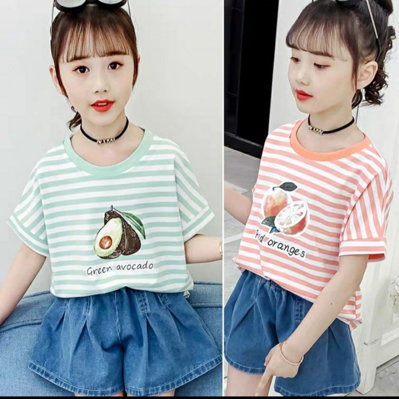 Set jean short giả váy áo sọc bé gái