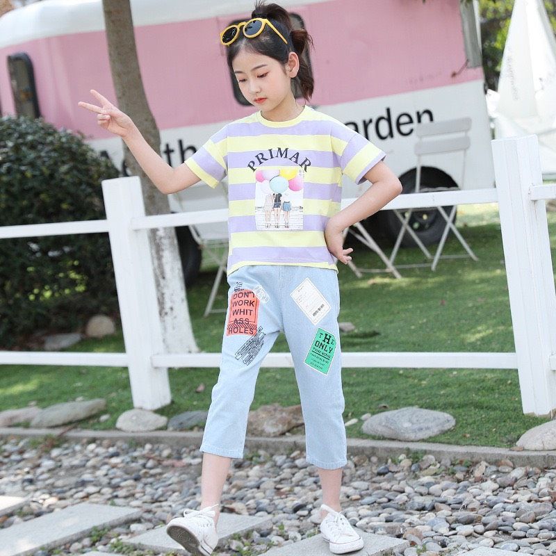 Set jean lửng sọc bong bóng bé gái