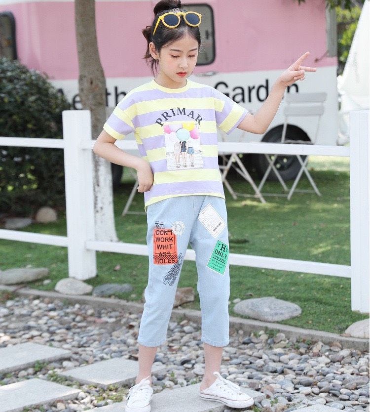 Set jean lửng sọc bong bóng bé gái