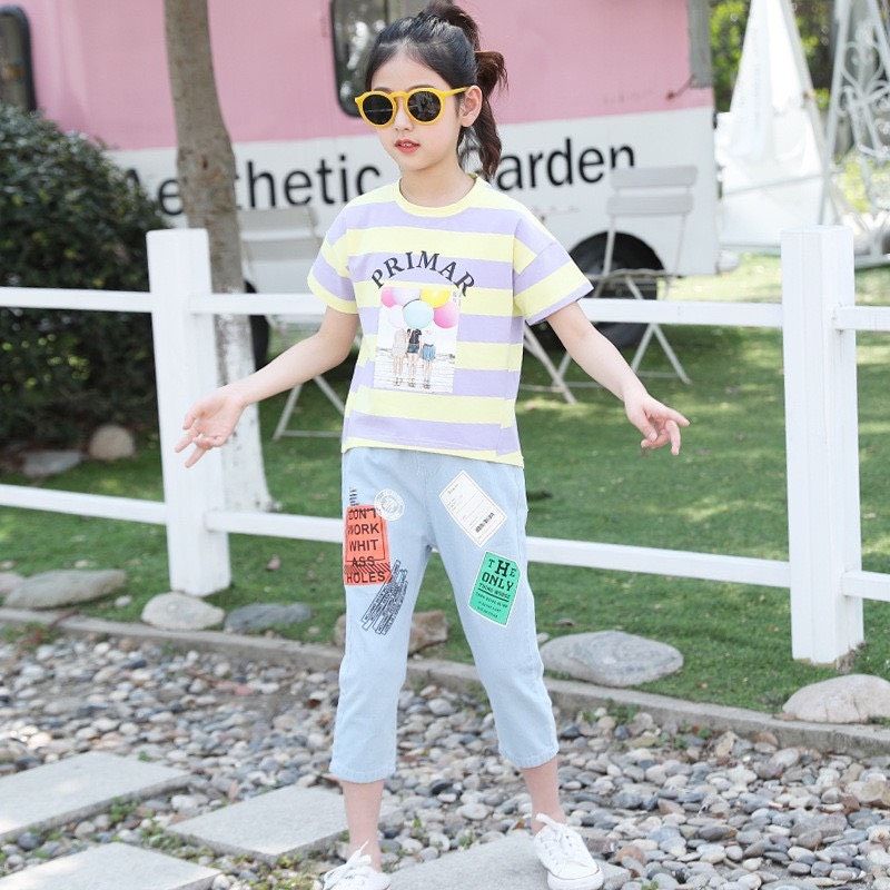Set jean lửng sọc bong bóng bé gái