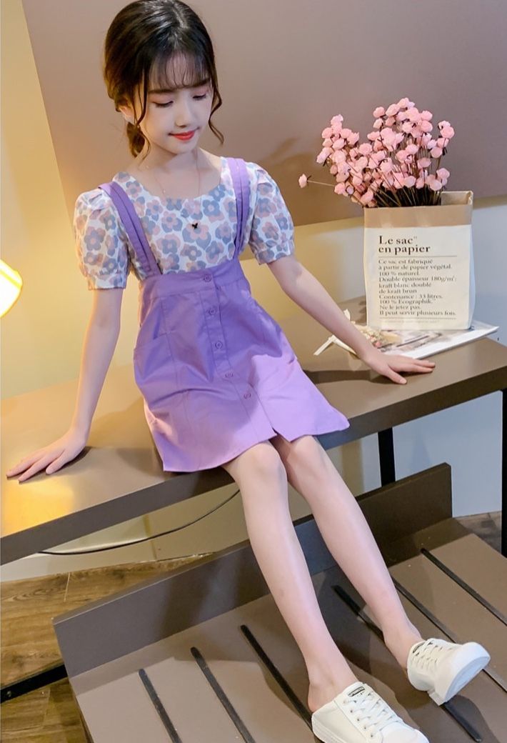 Set yếm kaki hoa bé gái