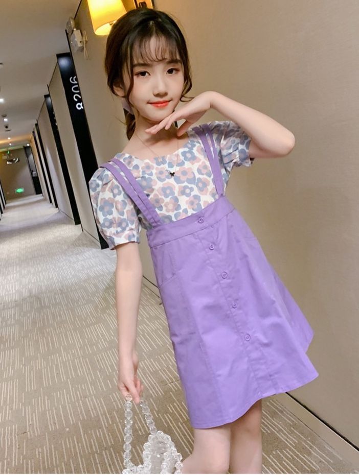 Set yếm kaki hoa bé gái