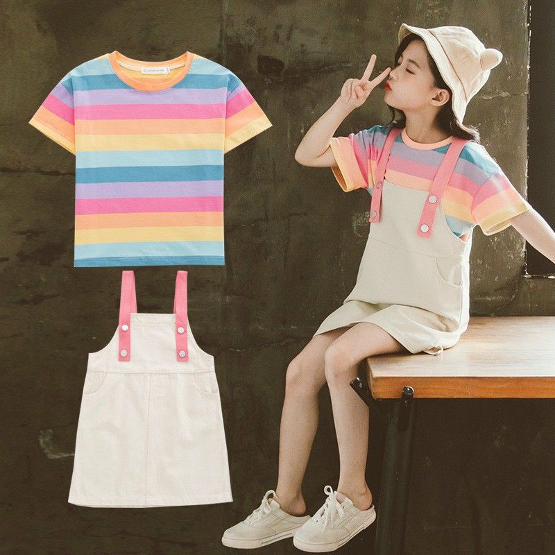 Set yếm áo sọc 7 màu bé gái