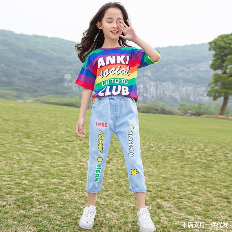 Set jean lửng áo sọc 7 màu bé gái