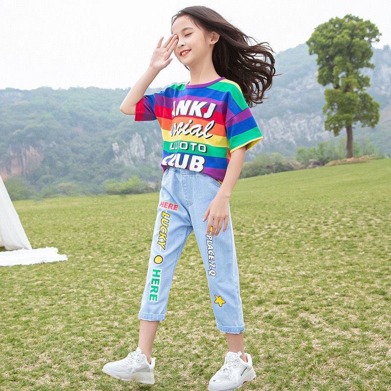 Set jean lửng áo sọc 7 màu bé gái