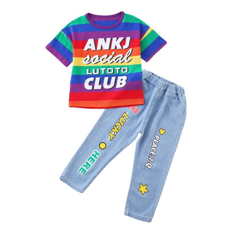 Set jean lửng áo sọc 7 màu bé gái