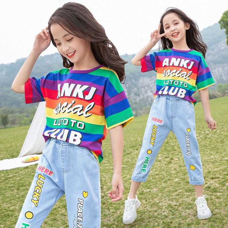 Set jean lửng áo sọc 7 màu bé gái