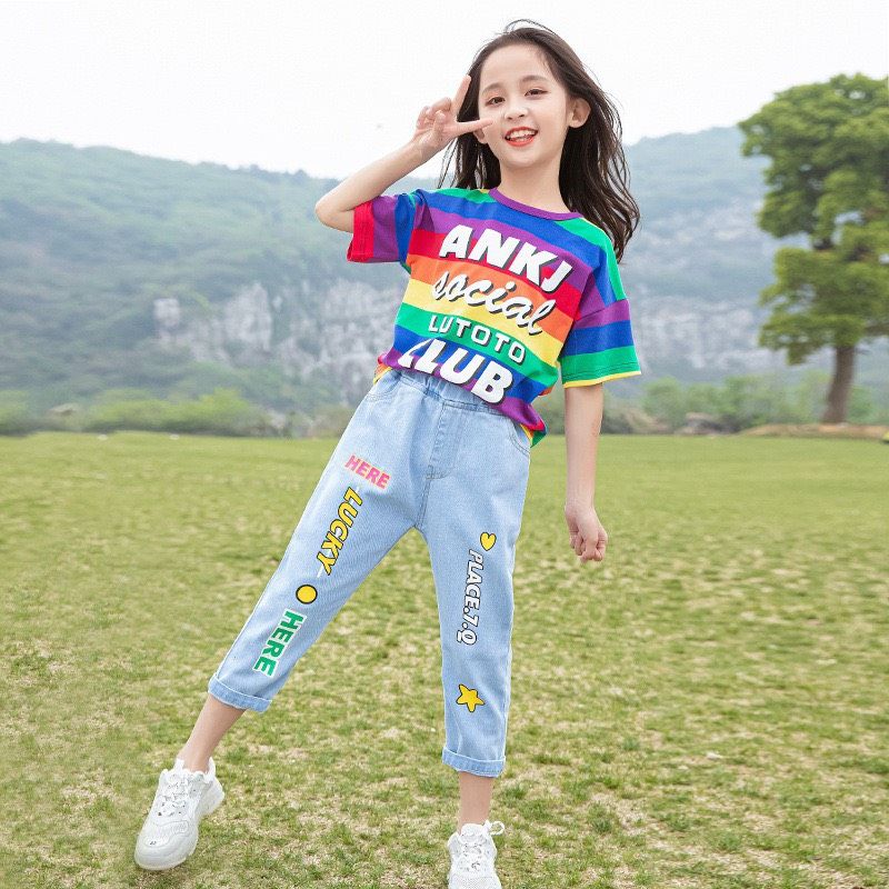 Set jean lửng áo sọc 7 màu bé gái