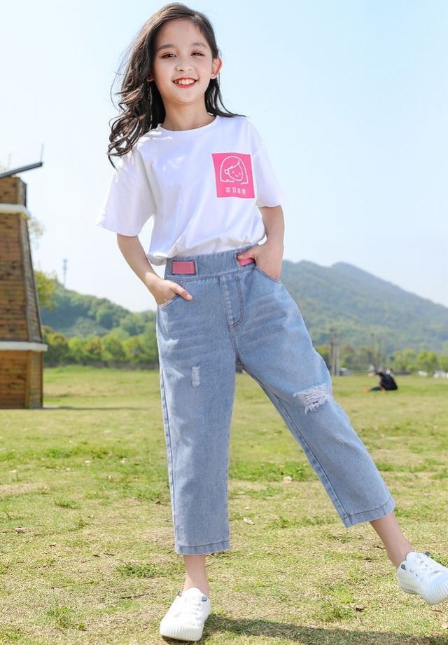 Set jean áo trắng phối hồng bé gái