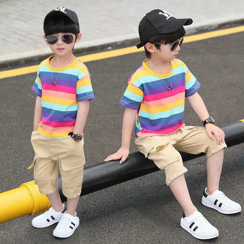 Set áo thun sọc 7 màu quần kaki bé trai