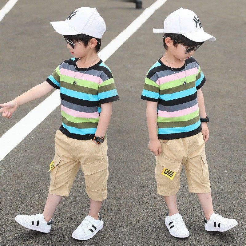 Set áo thun sọc 7 màu quần kaki bé trai