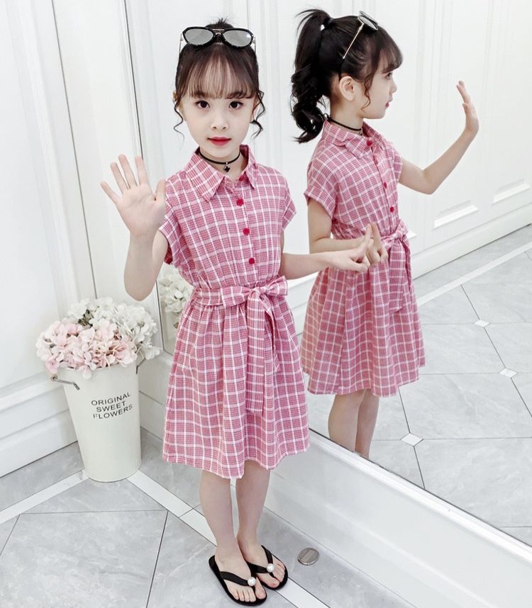 Váy caro thắt nơ lưng bé gái