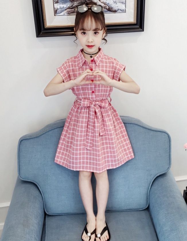 Váy caro thắt nơ lưng bé gái