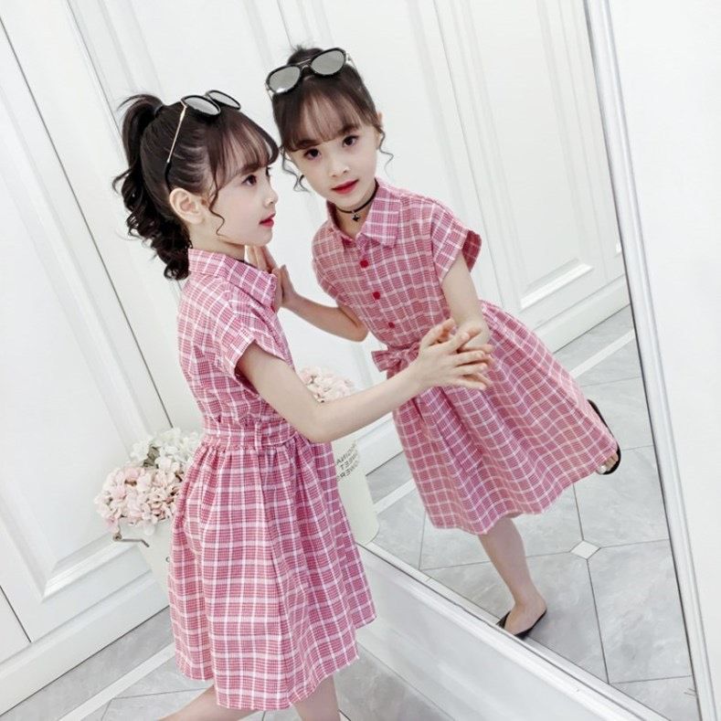 Váy caro thắt nơ lưng bé gái