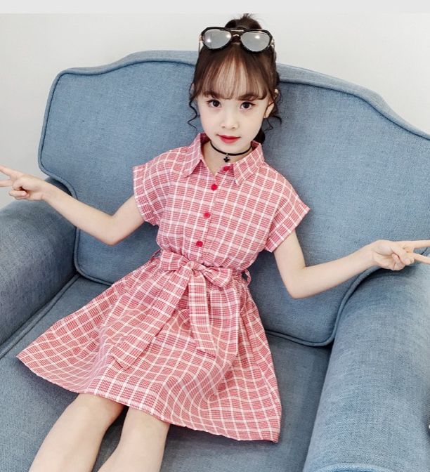 Váy caro thắt nơ lưng bé gái