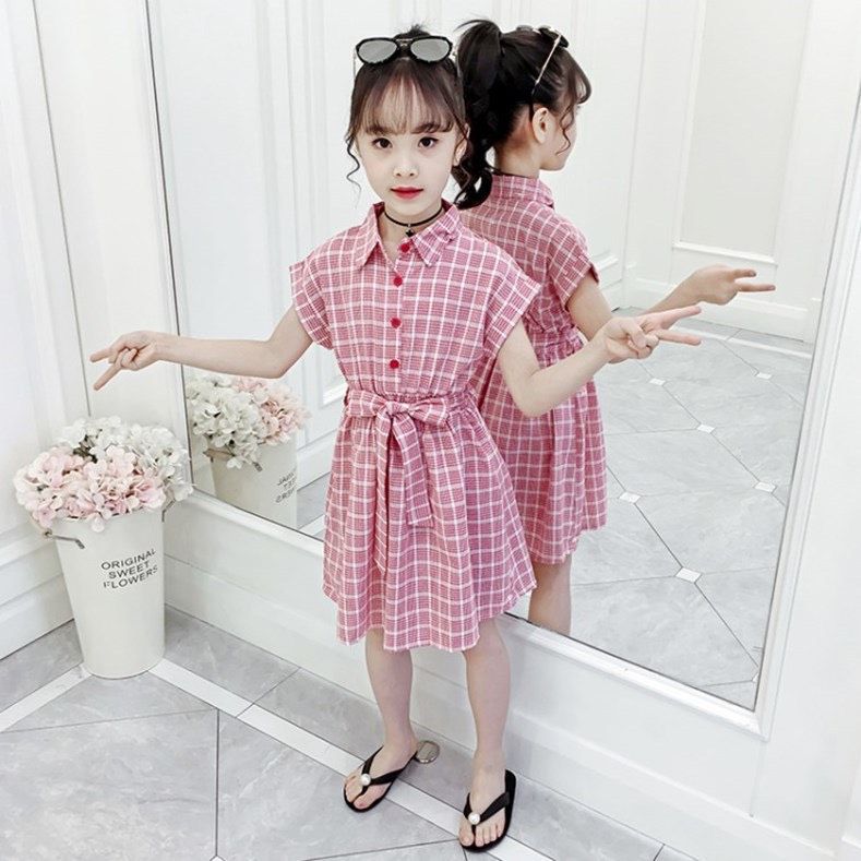 Váy caro thắt nơ lưng bé gái