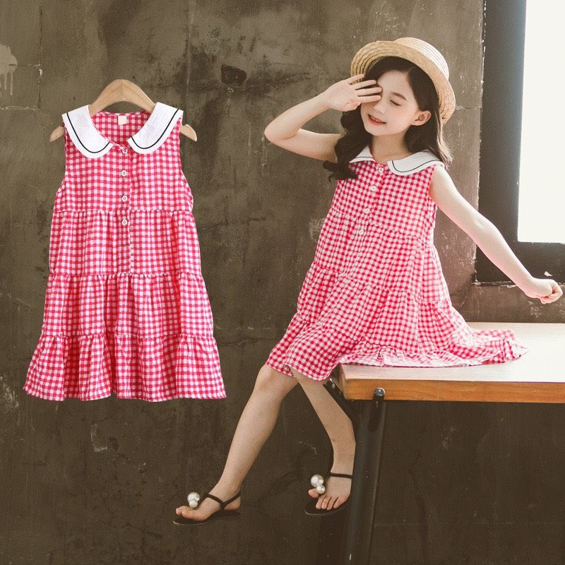 Đầm caro cổ sen trắng bé gái