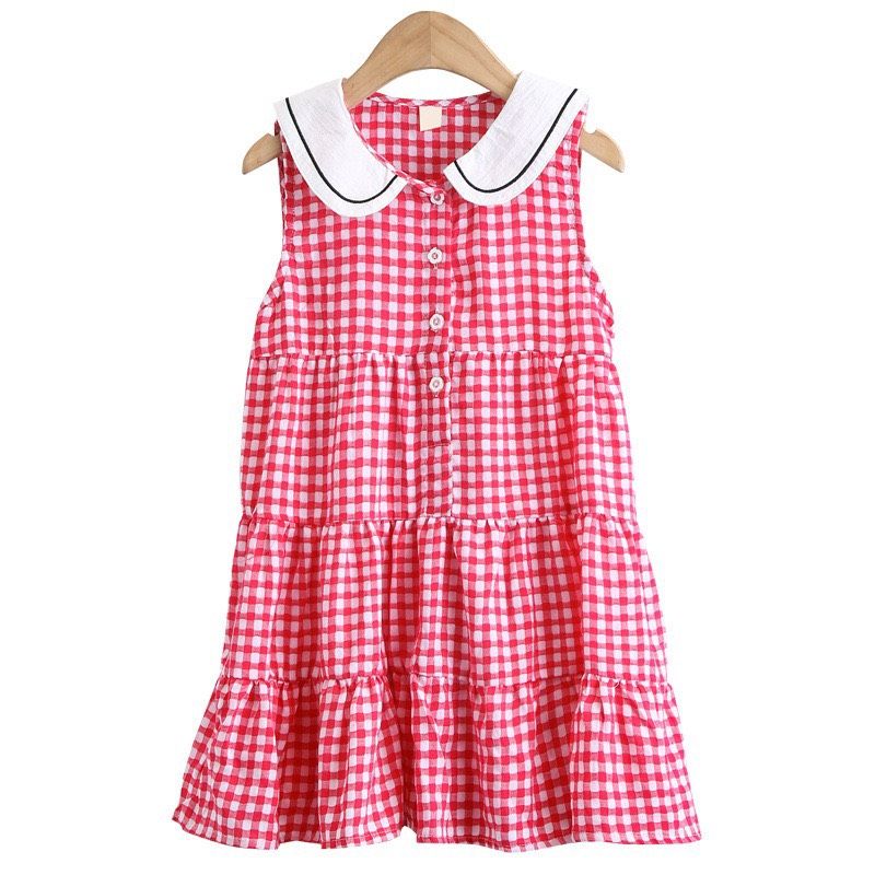 Đầm caro cổ sen trắng bé gái