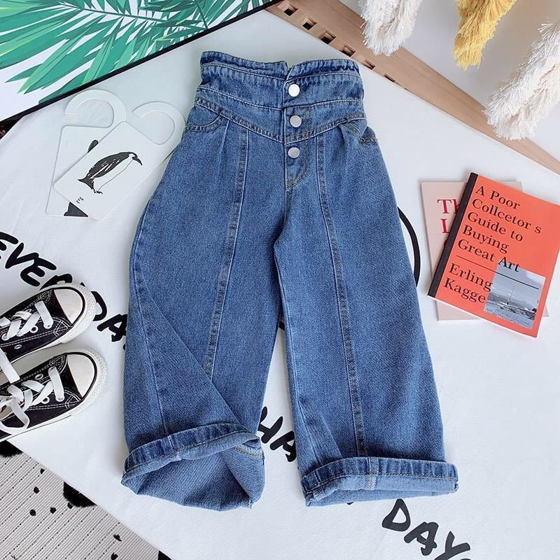 Quần jean dài ống rộng cạp cao bé gái