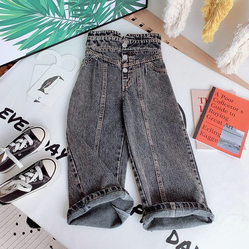 Quần jean dài ống rộng cạp cao bé gái