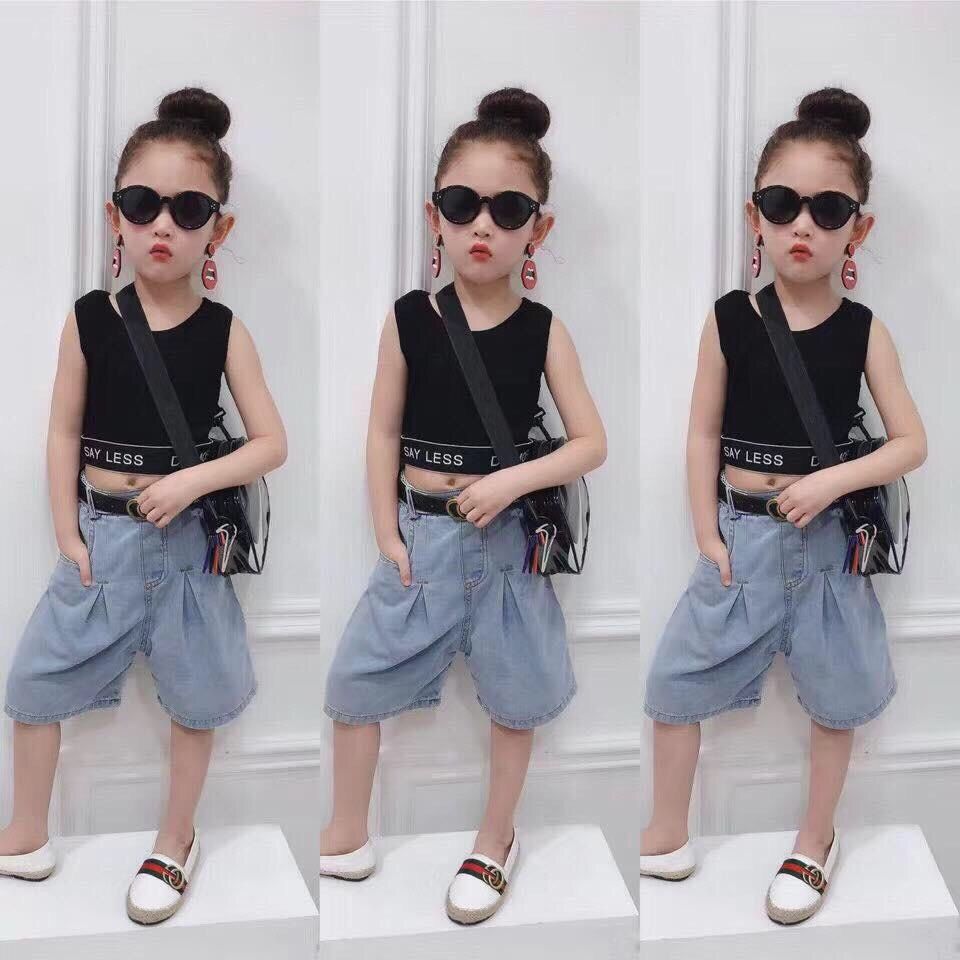 Set áo croptop mix quần jean ống rộng bé gái