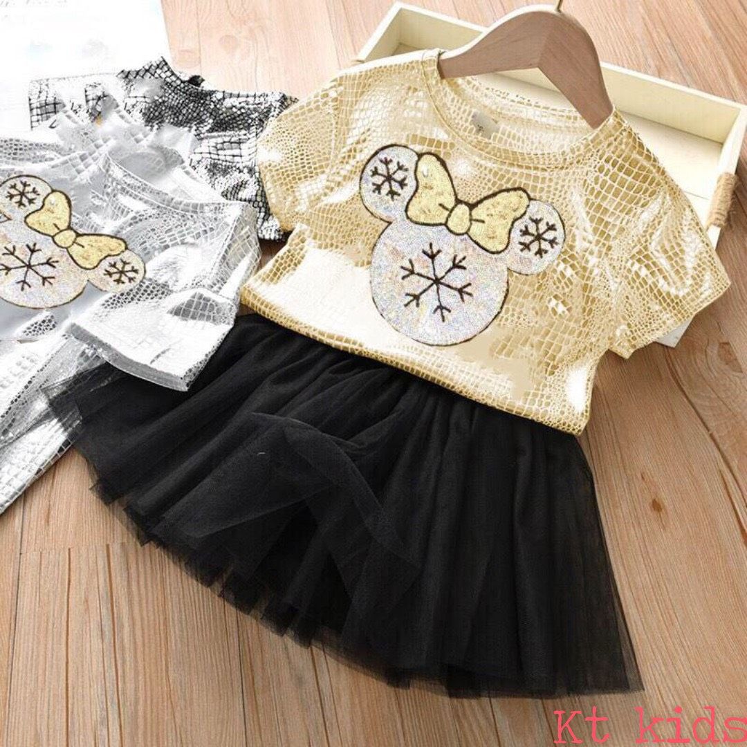 Sét áo nhũ đắp mickey mix chân váy