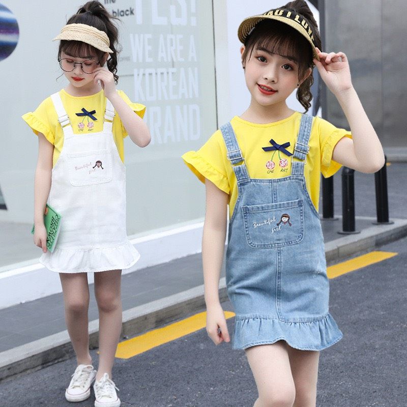 Set yếm jean đuôi cá bé gái