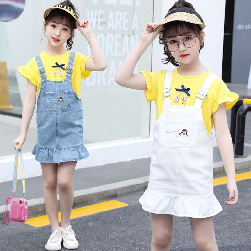 Set yếm jean đuôi cá bé gái