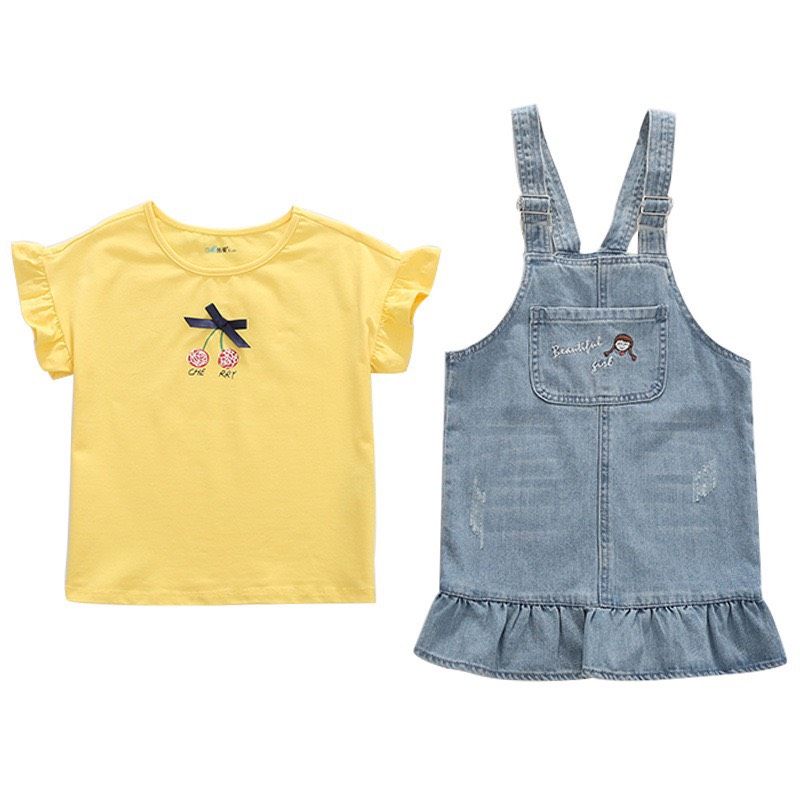 Set yếm jean đuôi cá bé gái
