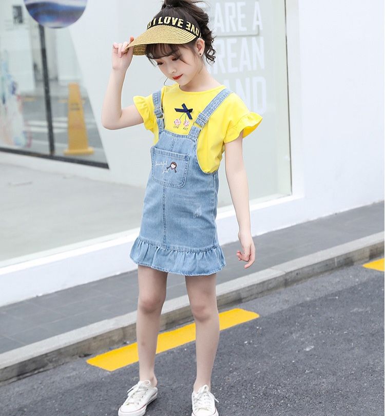 Set yếm jean đuôi cá bé gái