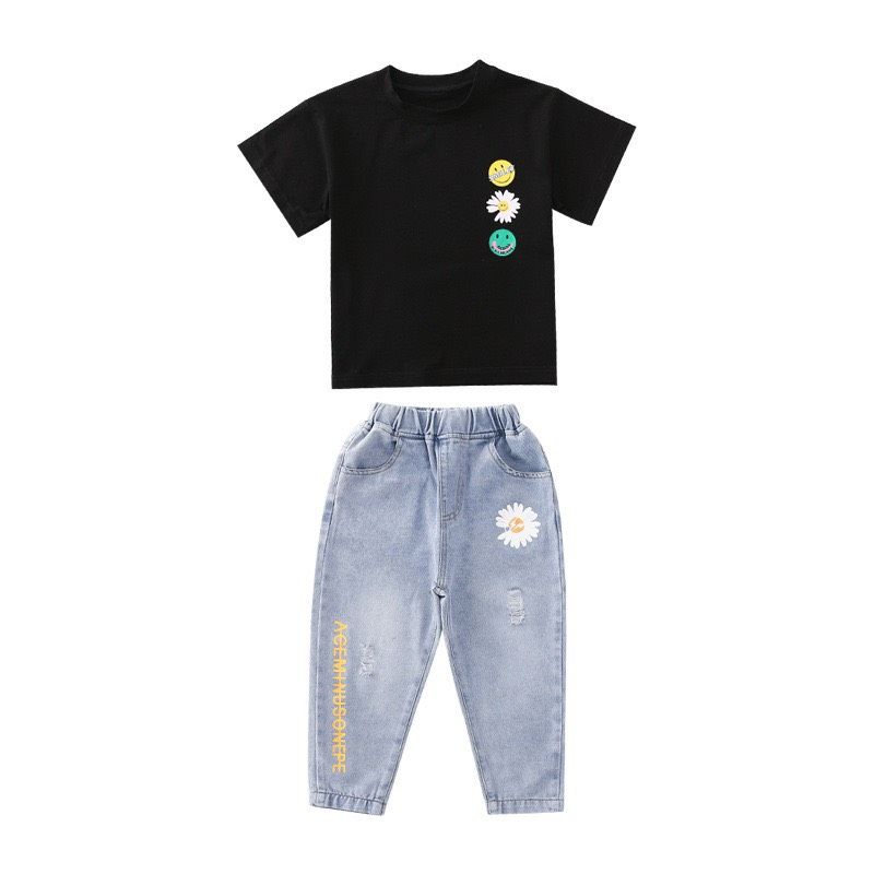 Set jean lửng bông cúc bé gái