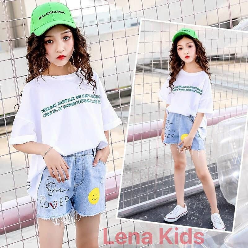 Set jean short mặt cười bé gái