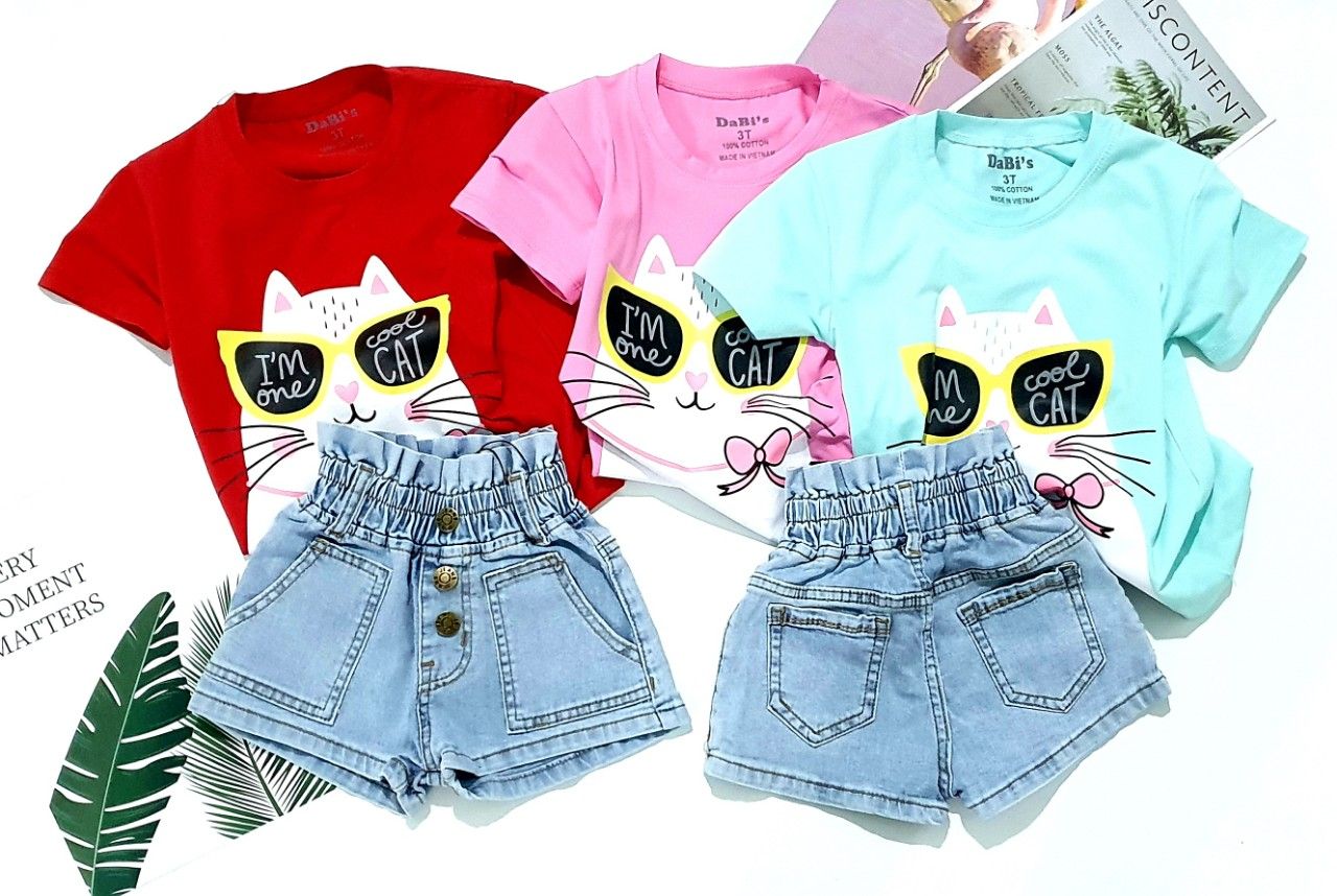 Set áo mèo jean short bé gái